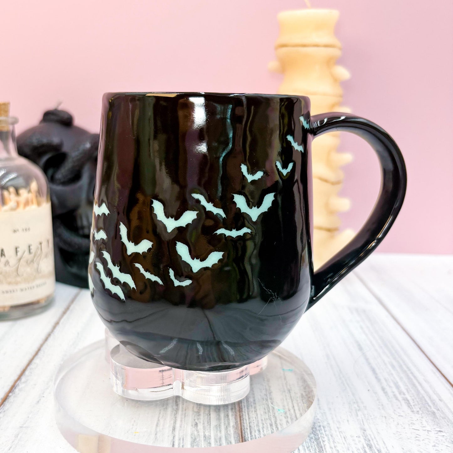 Blue and Black Bat Ceramic Mug, Autumn Gift For Her, Retro Fall Mug, Halloween Gift, Spooky Mug Handmade, Cute Autumn Mugs, Fall Gift Mom