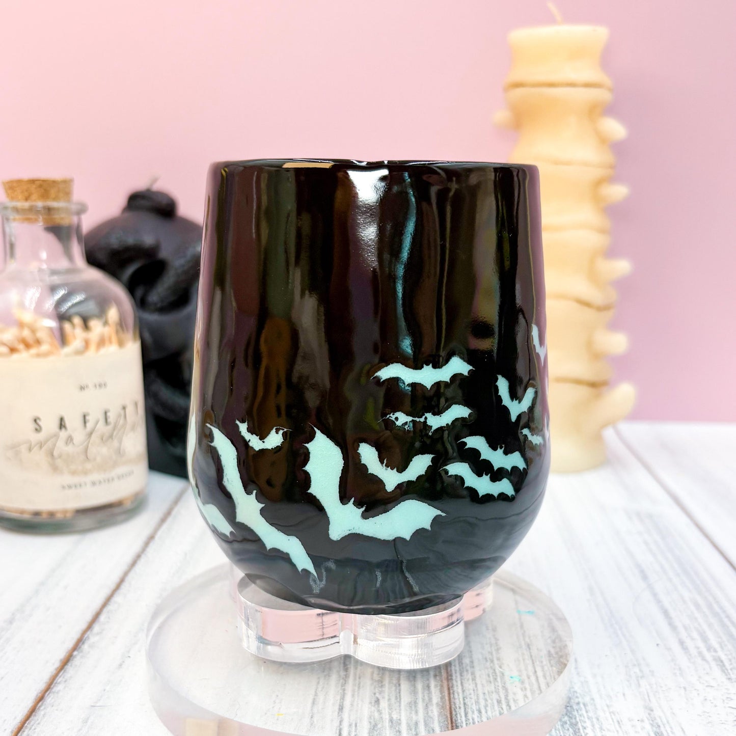 Blue and Black Bat Ceramic Mug, Autumn Gift For Her, Retro Fall Mug, Halloween Gift, Spooky Mug Handmade, Cute Autumn Mugs, Fall Gift Mom