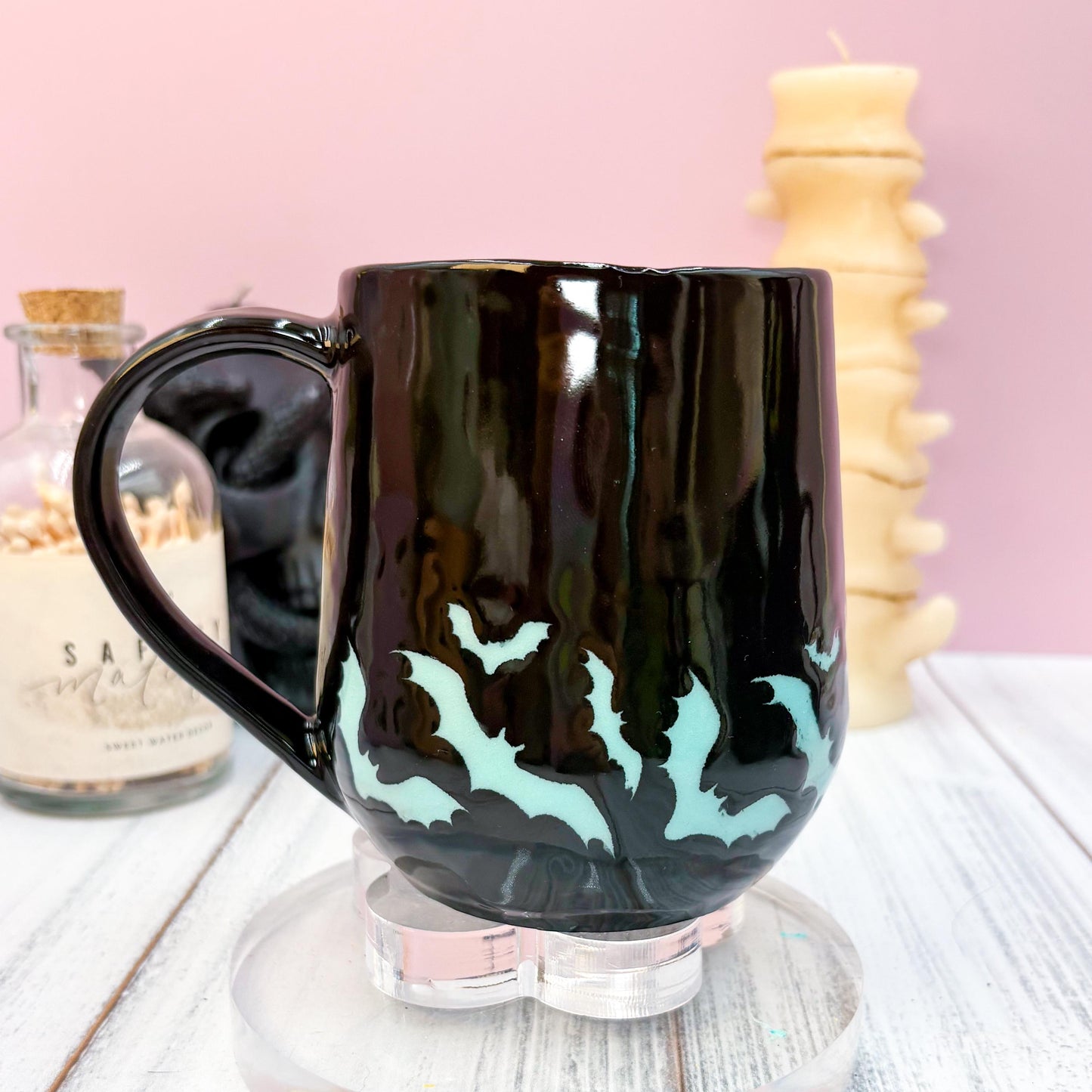 Blue and Black Bat Ceramic Mug, Autumn Gift For Her, Retro Fall Mug, Halloween Gift, Spooky Mug Handmade, Cute Autumn Mugs, Fall Gift Mom
