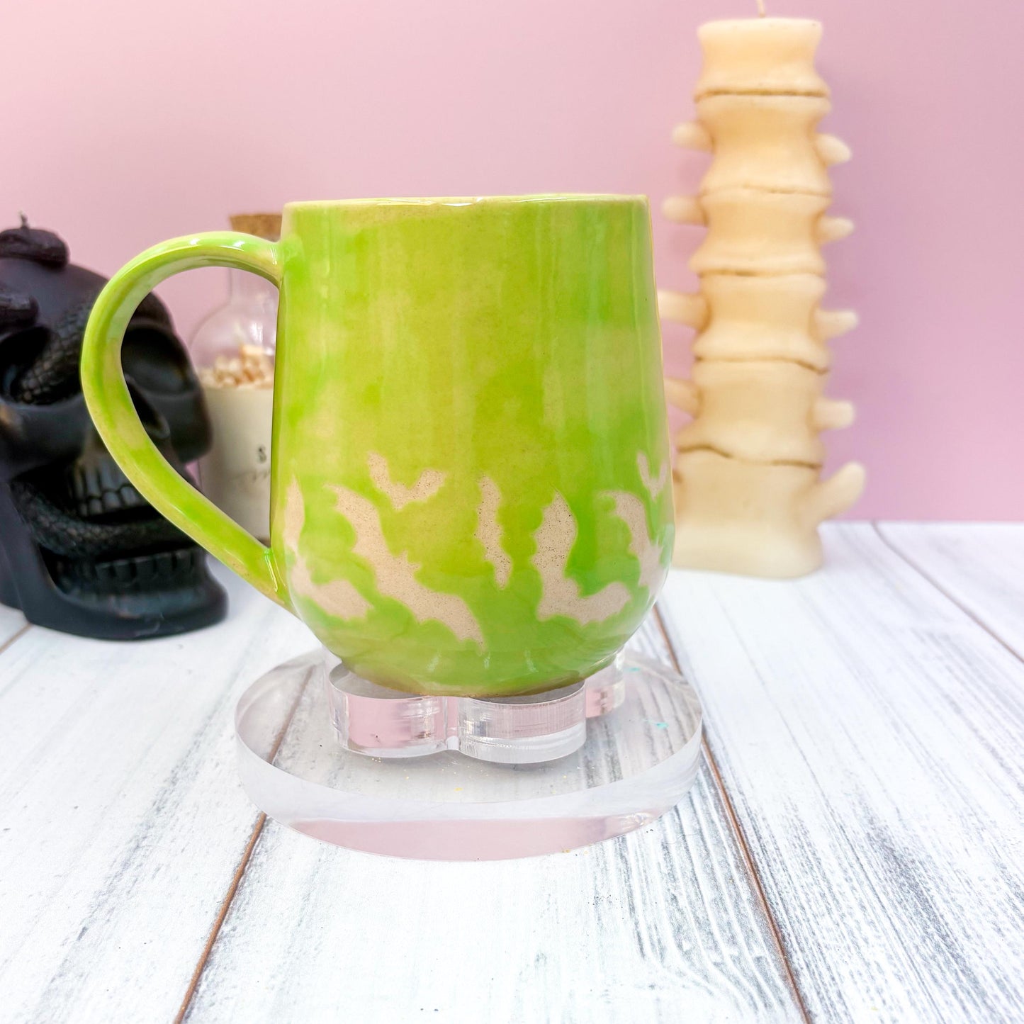 Green Bat Ceramic Mug, Autumn Gift For Her, Retro Fall Mug, Halloween Gift, Spooky Mug Handmade, Cute Autumn Mugs, Fall Gift Mom