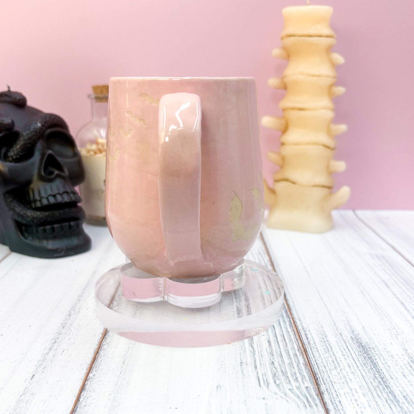 Pink Bat Ceramic Mug, Autumn Gift For Her, Retro Fall Mug, Halloween Gift, Spooky Mug Handmade, Cute Autumn Mugs, Fall Gift Mom