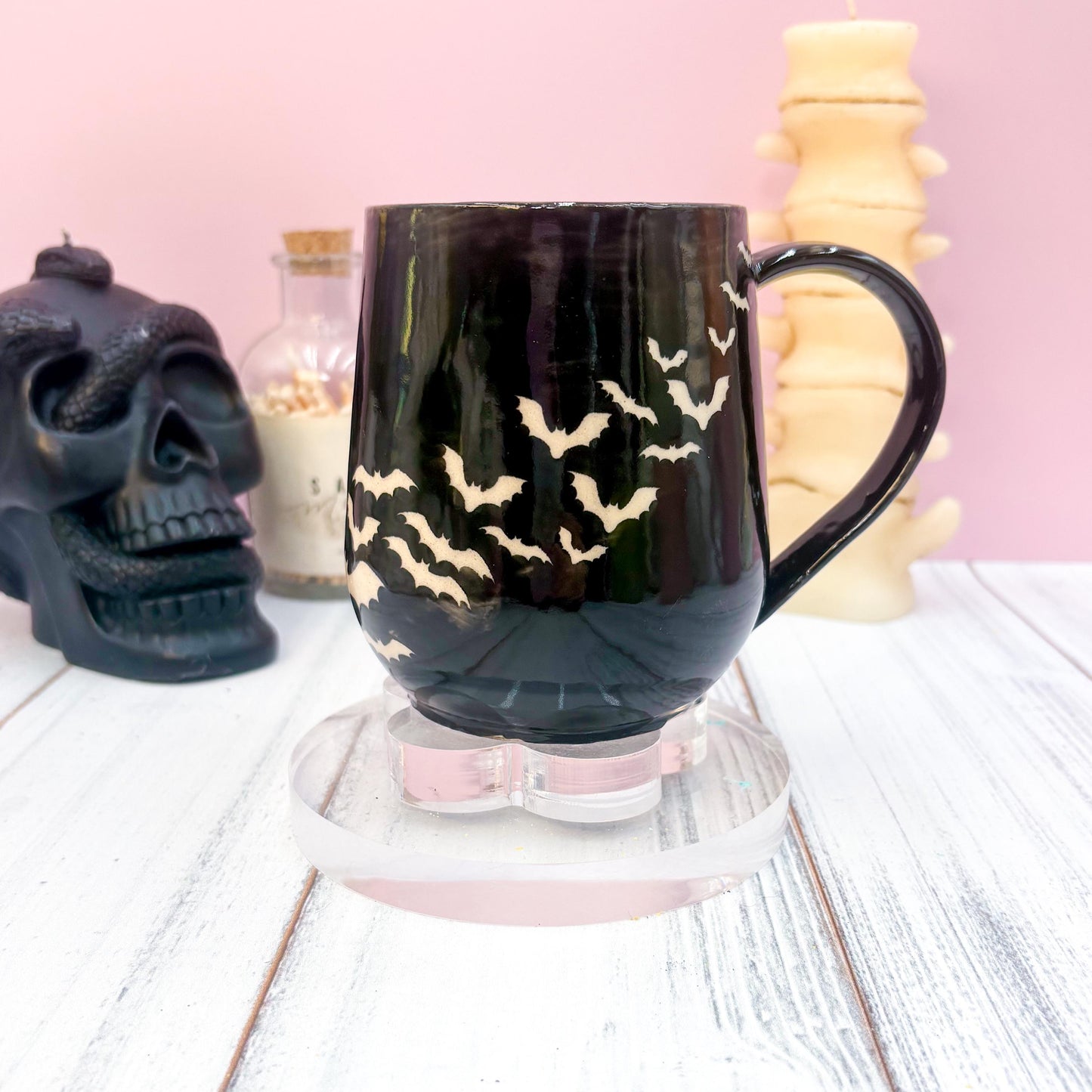 Black Bat Ceramic Mug, Autumn Gift For Her, Retro Fall Mug, Halloween Gift, Spooky Mug Handmade, Cute Autumn Mugs, Fall Gift Mom