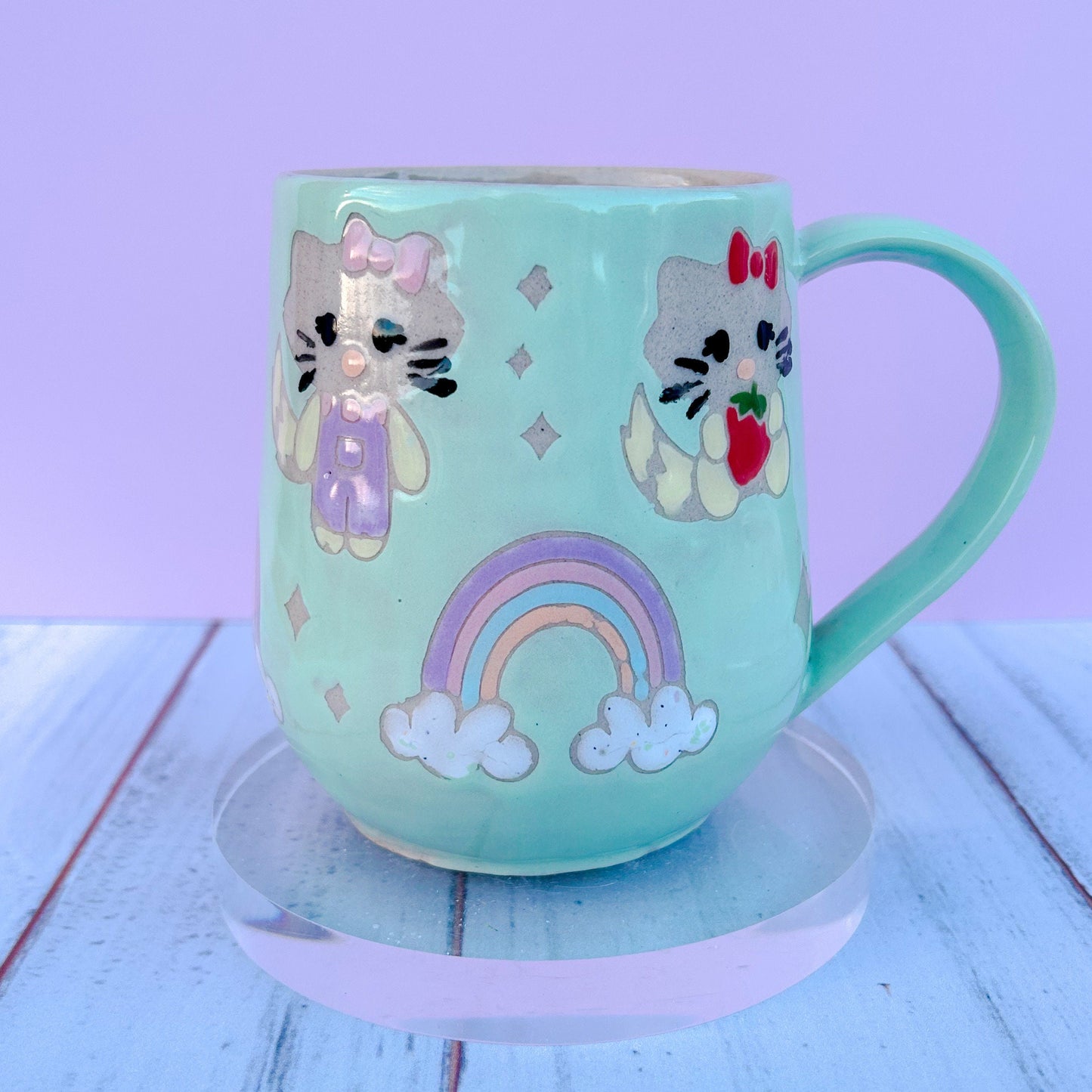 Aqua Kitty and Rainbow 16 Ounce Ceramic Mug, Cute Cat Rainbow Coffee Mug, Cute Gift for Women, Rainbow Gift For Friend, Cute Mug Handmade
