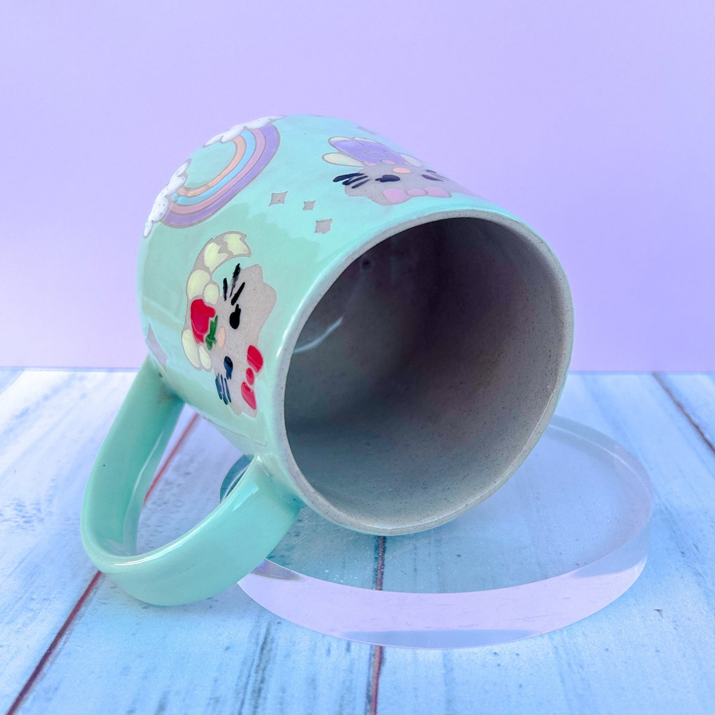Aqua Kitty and Rainbow 16 Ounce Ceramic Mug, Cute Cat Rainbow Coffee Mug, Cute Gift for Women, Rainbow Gift For Friend, Cute Mug Handmade