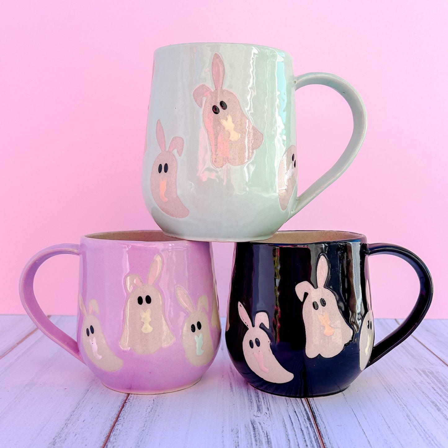 Aqua Ghost Bunny Spring Ceramic Mug, Spring Gift For Her, Retro Spring Mug, Easter Gift for Her, Cute Bunny Mug Handmade, Cute Easter Mugs