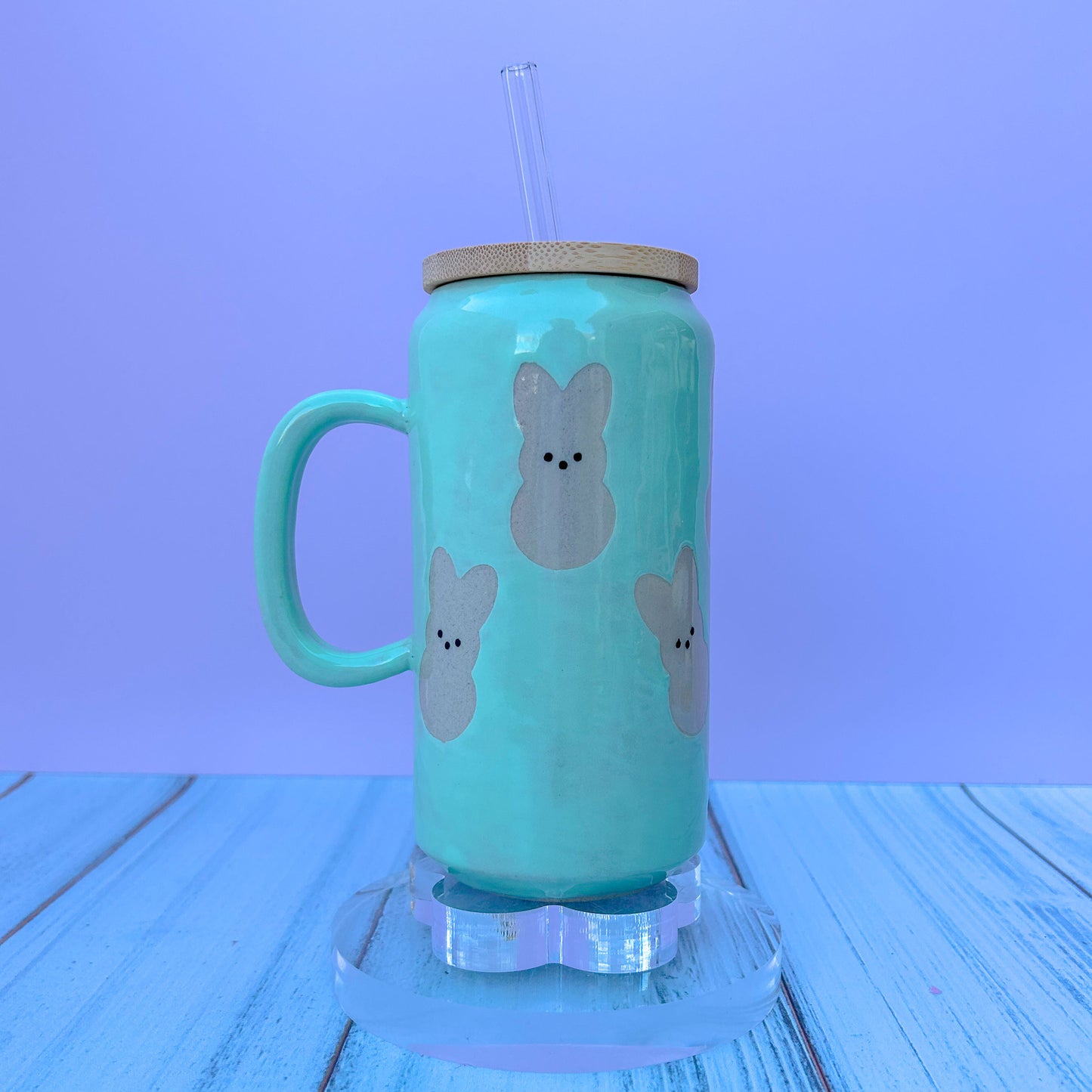 Aqua Bunny Spring Ceramic Tumbler Mug, Spring Gift For Her, Retro Spring Mug, Easter Gift for Her, Cute Bunny Mug Handmade, Cute Easter Mugs