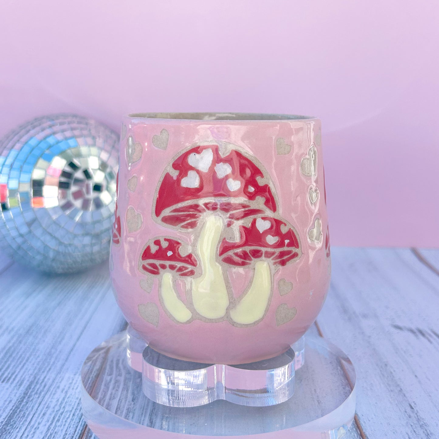 Pink and Red Heart Mushroom Ceramic Mug