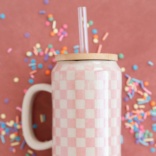 Pink Retro Checkered Coffee Cup With Lid