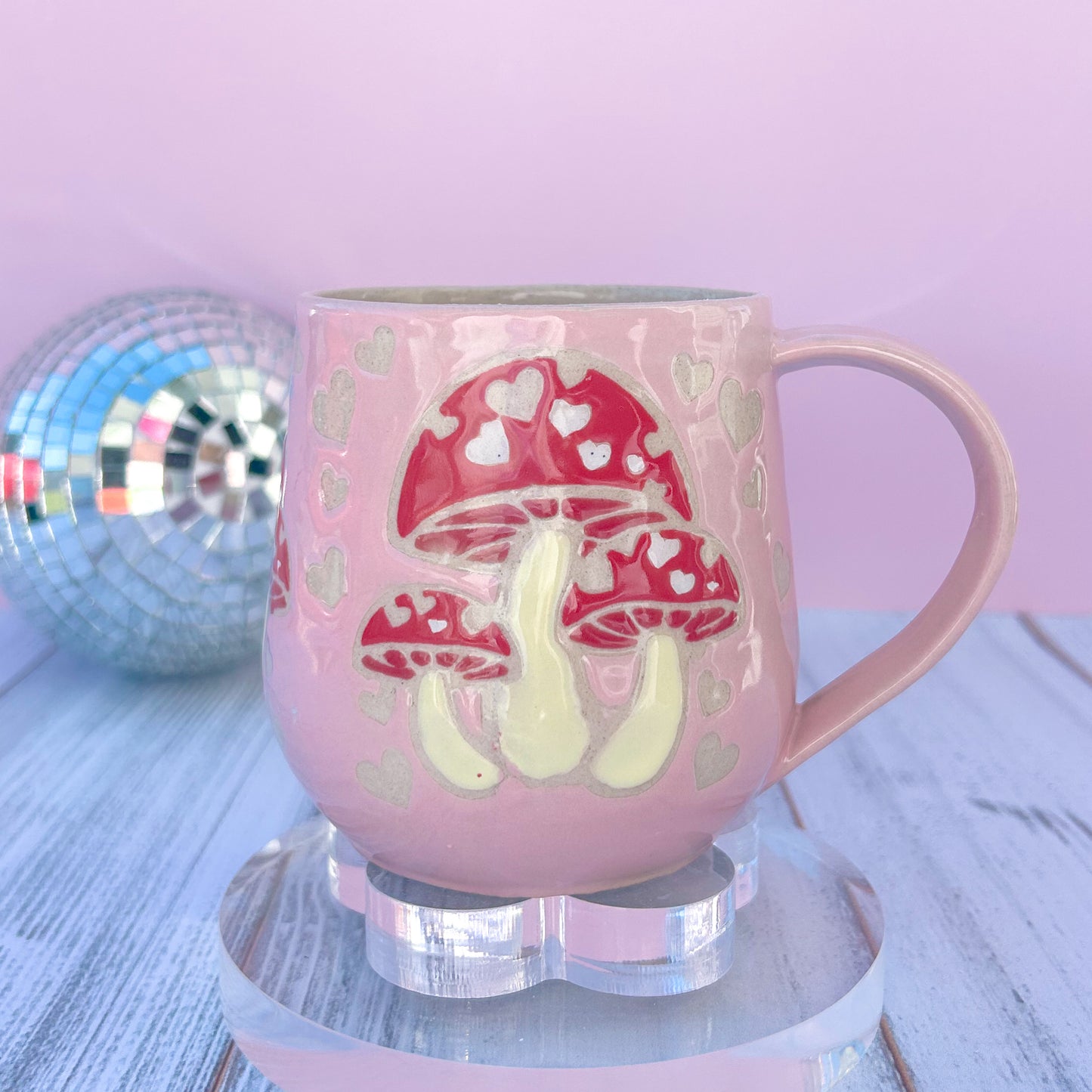 Pink and Red Heart Mushroom Ceramic Mug