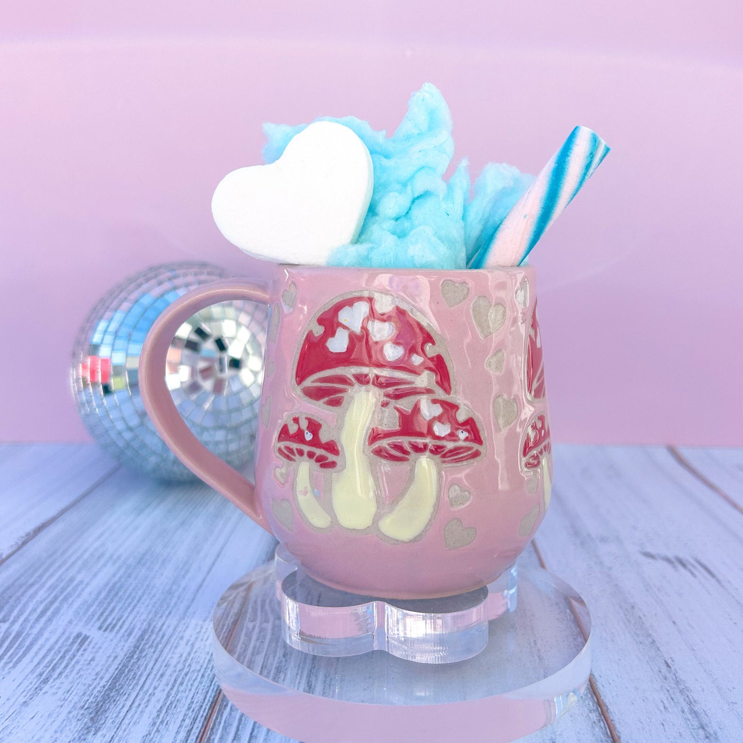 Pink and Red Heart Mushroom Ceramic Mug