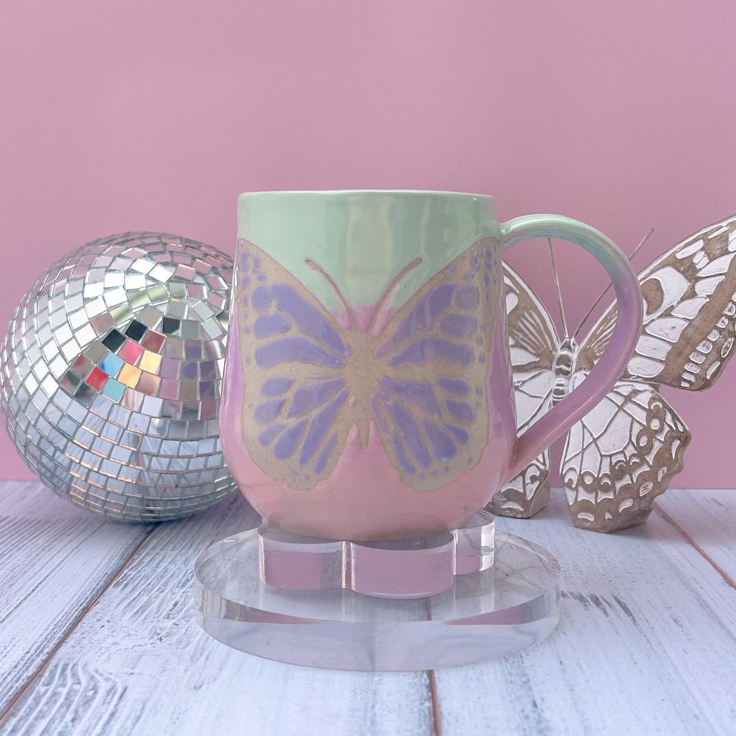 Aqua Ombré Butterfly Ceramic Mug, Handmade Ceramic Mug, Ceramics Pottery Mugs, Stoneware Mug, Large Coffee Mug, Monarch Butterfly Mug