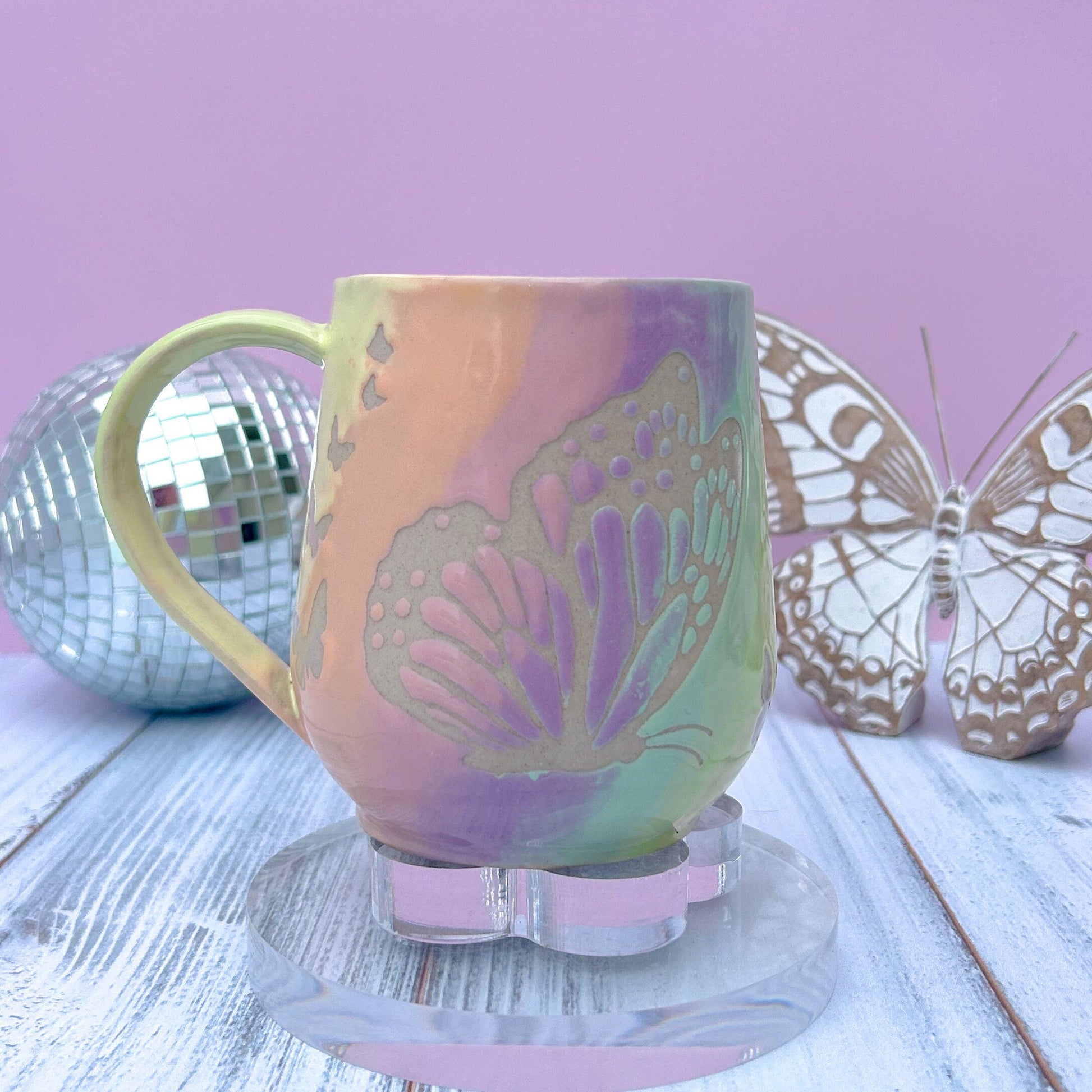 Rainbow Ombré Butterfly 16 Ounce Mug, Handmade Ceramic Mug, Ceramics Pottery Mugs, Stoneware Mug, Large Coffee Mug, Monarch Butterfly Mug