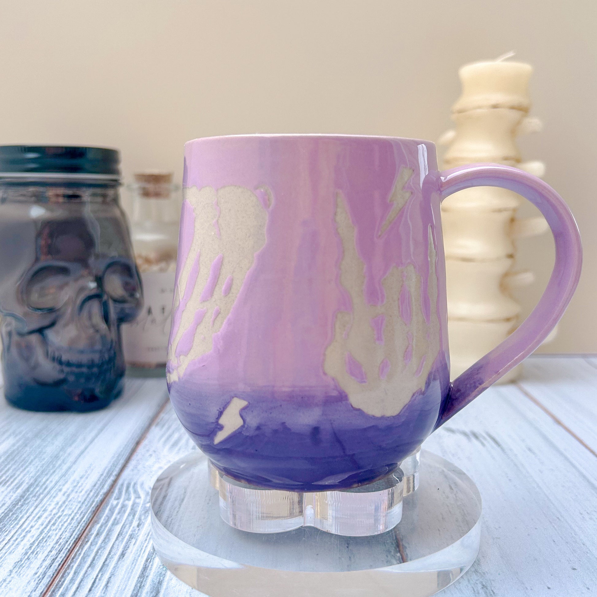 Purple Skeleton Hands Ceramic Mug, Autumn Gift For Her, Retro Fall Mug, Halloween Gift, Spooky Mug Handmade, Cute Autumn Mugs, Skeleton Hand