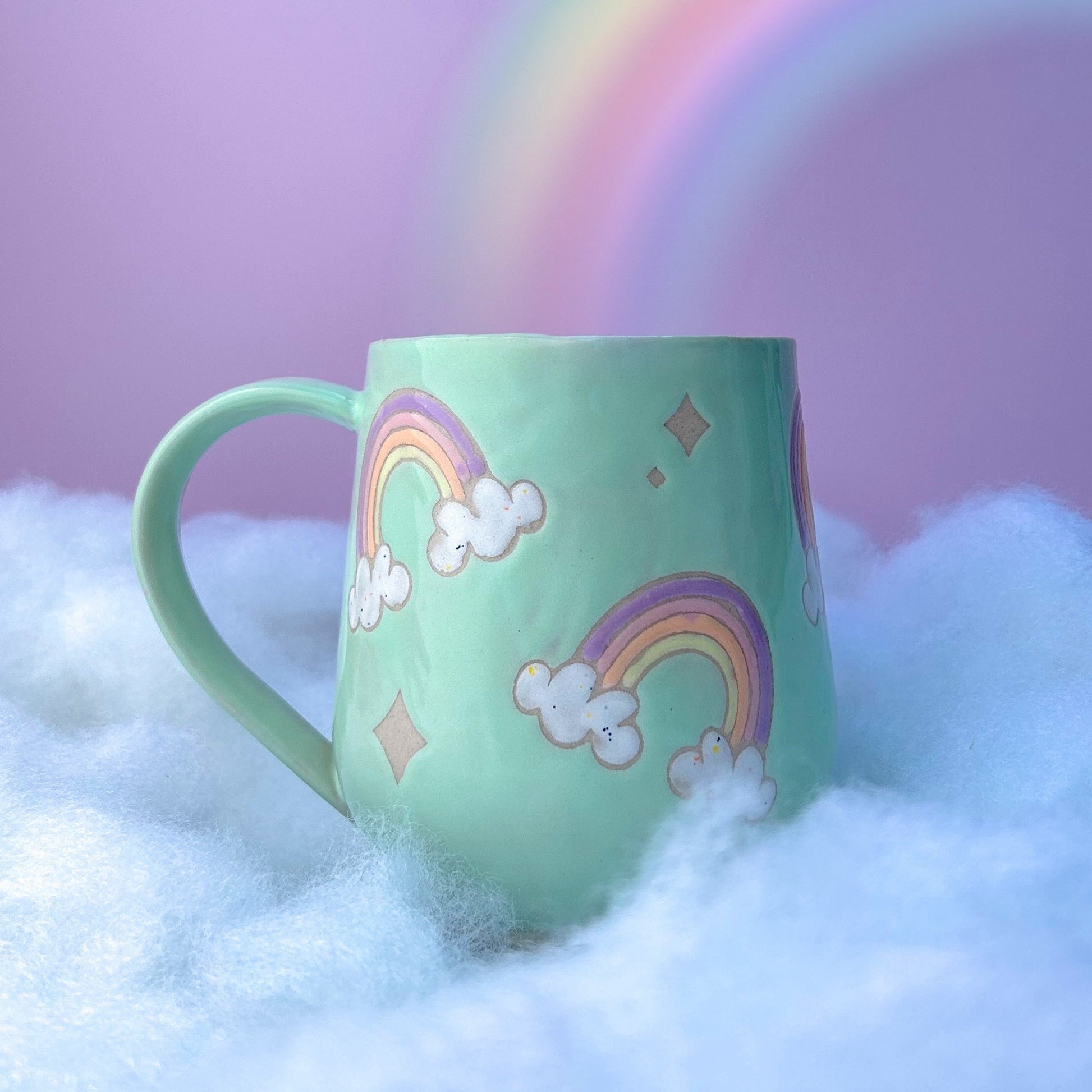 Aqua Rainbow 16 Ounce Ceramic Mug, Rainbow Coffee Mug, Groovy Gift Women, Rainbow Gift For Friend, Cute Mug Handmade, Retro Cup