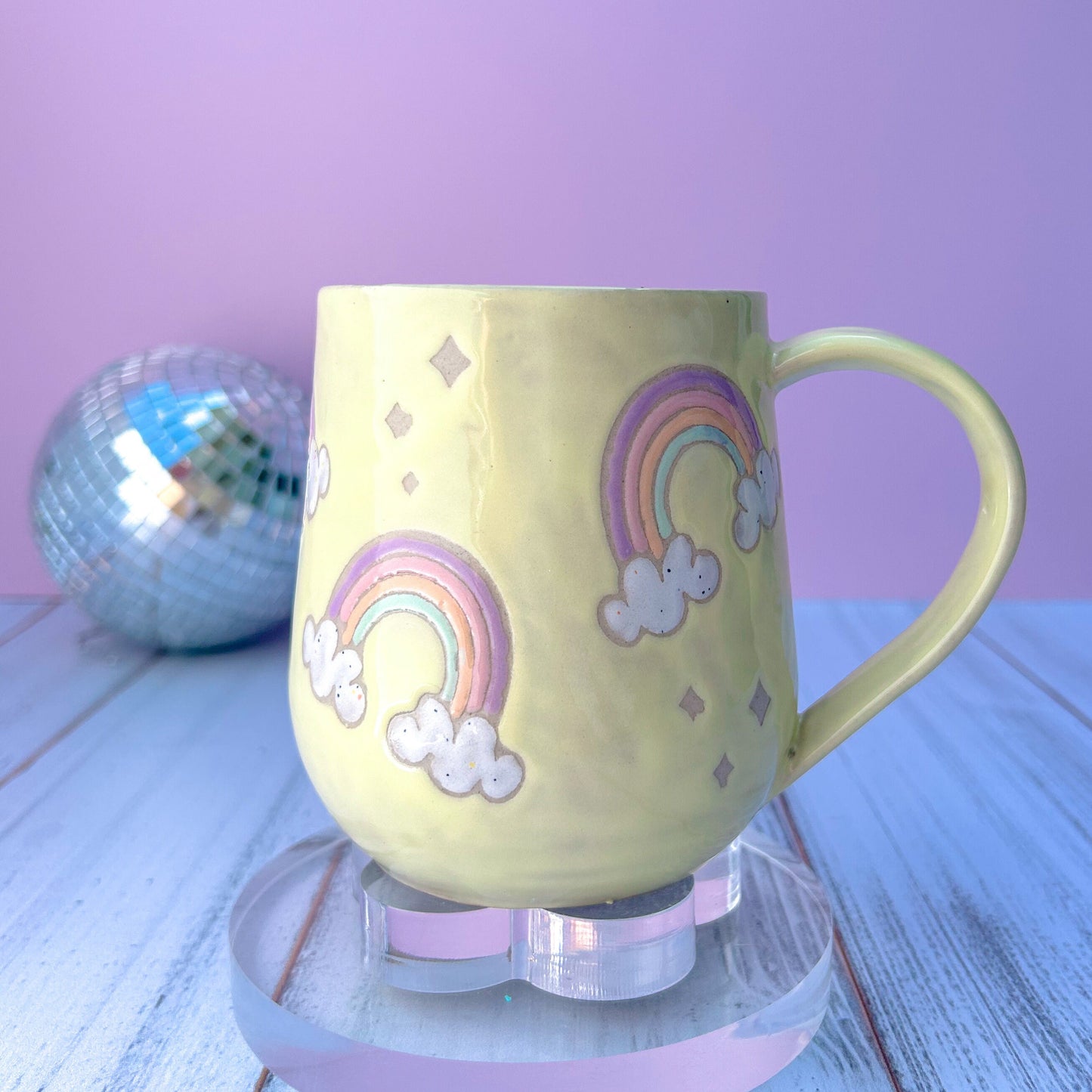 Yellow Rainbow 16 Ounce Ceramic Mug, Rainbow Coffee Mug, Groovy Gift Women, Rainbow Gift For Friend, Cute Mug Handmade, Retro Cup