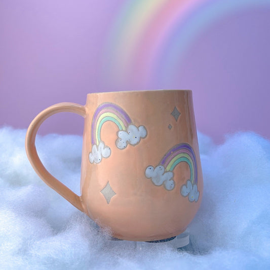 Peach Rainbow 16 Ounce Ceramic Mug, Rainbow Coffee Mug, Groovy Gift Women, Rainbow Gift For Friend, Cute Mug Handmade, Retro Cup