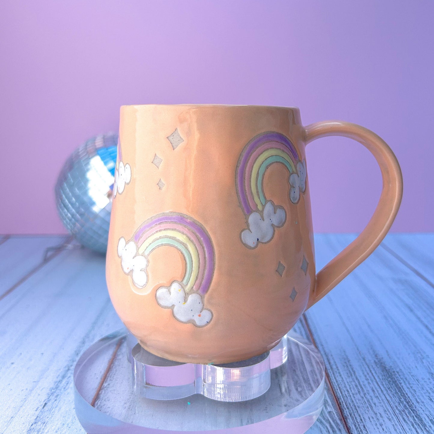 Peach Rainbow 16 Ounce Ceramic Mug, Rainbow Coffee Mug, Groovy Gift Women, Rainbow Gift For Friend, Cute Mug Handmade, Retro Cup