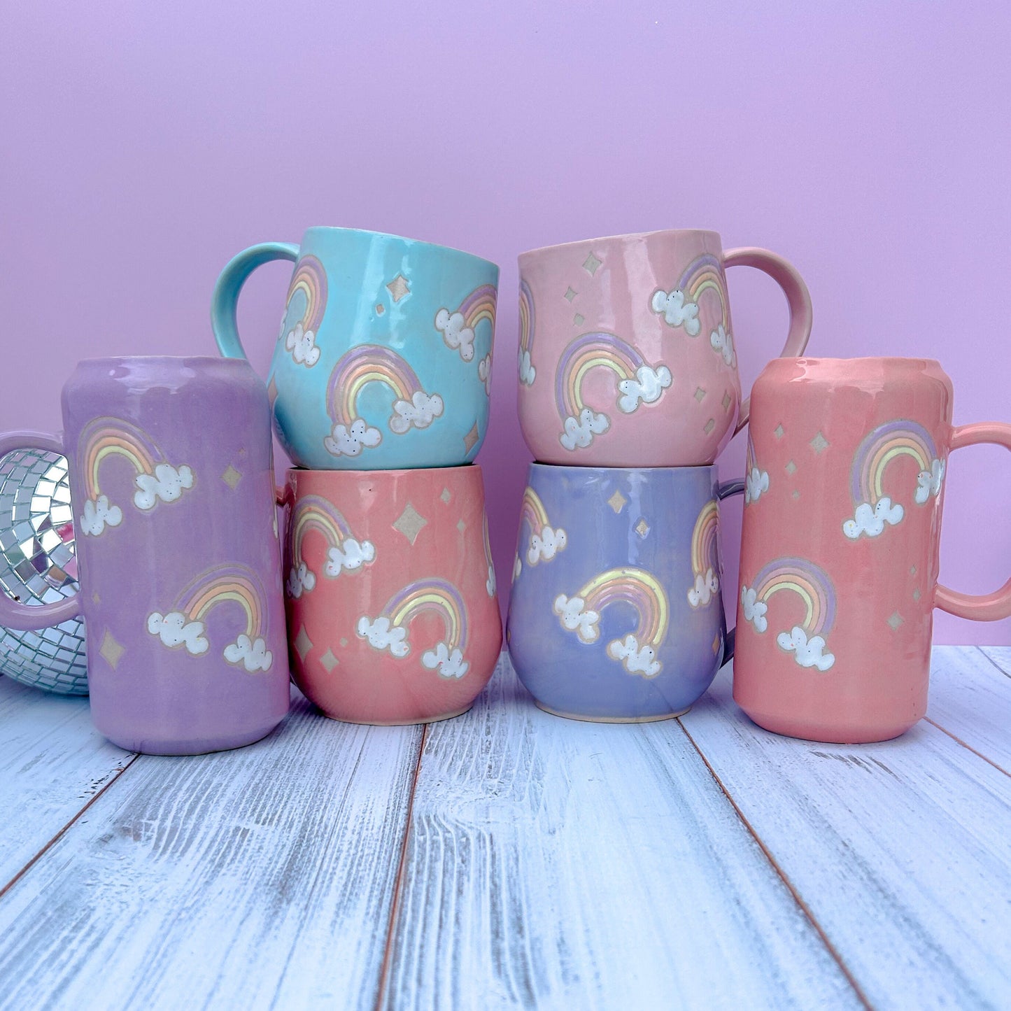 Coral Rainbow and Cloud Tumbler Ceramic Mug, Rainbow Beer Can Glass Tumbler, Rainbow Gift For Her, Handmade Mug, Retro Ceramic Cup