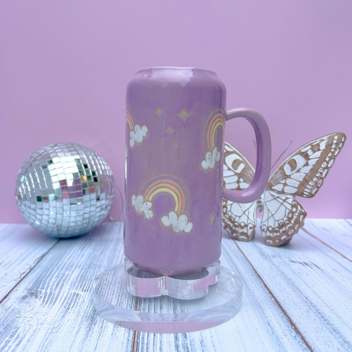 Purple Rainbow and Cloud Tumbler Ceramic Mug, Rainbow Beer Can Glass Tumbler, Rainbow Gift For Her, Handmade Mug, Retro Ceramic Cup