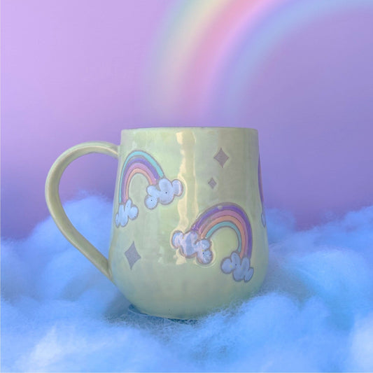 Yellow Rainbow 16 Ounce Ceramic Mug, Rainbow Coffee Mug, Groovy Gift Women, Rainbow Gift For Friend, Cute Mug Handmade, Retro Cup