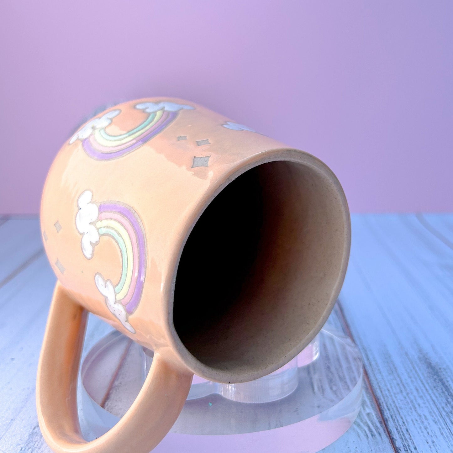 Peach Rainbow 16 Ounce Ceramic Mug, Rainbow Coffee Mug, Groovy Gift Women, Rainbow Gift For Friend, Cute Mug Handmade, Retro Cup