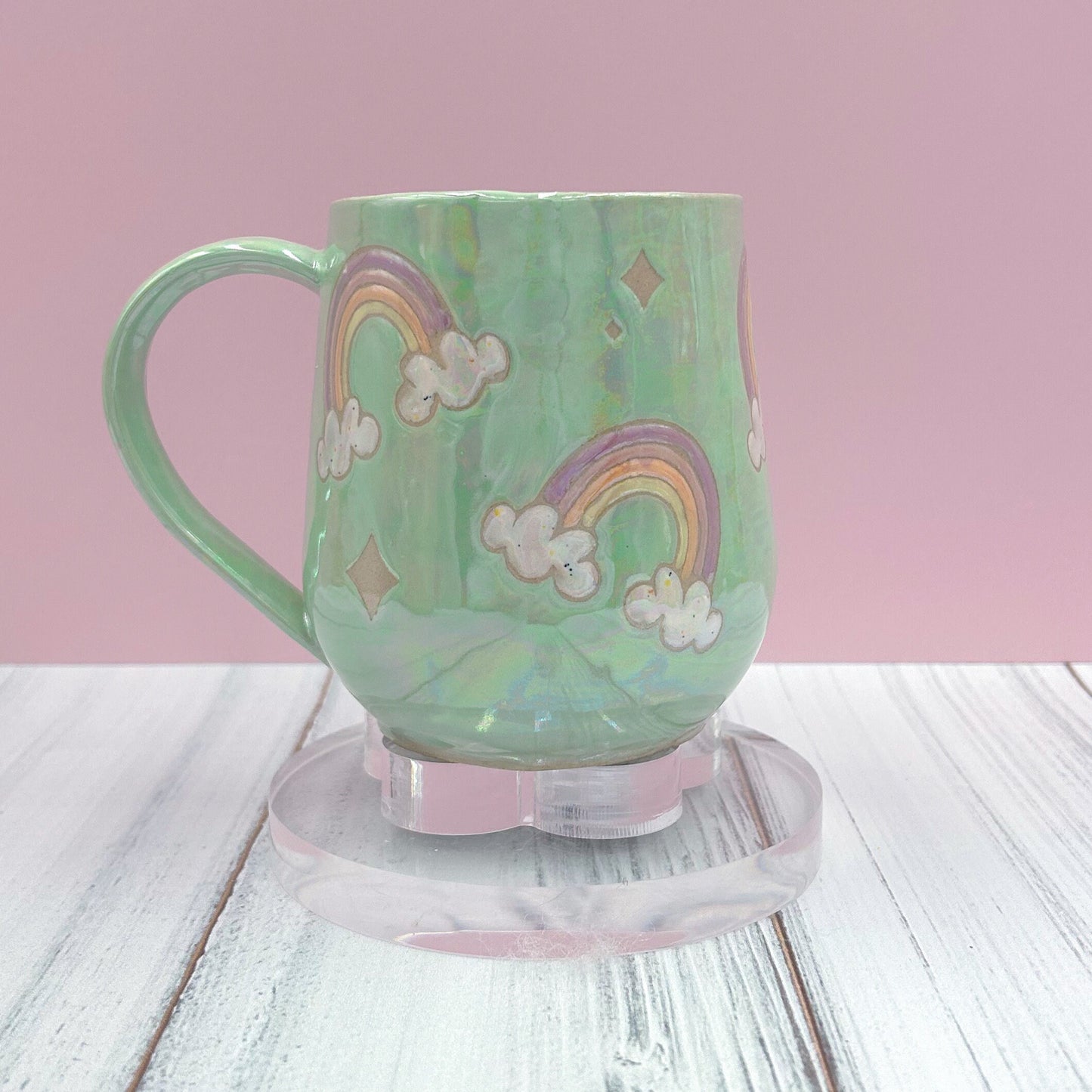 Opalescent Aqua Rainbow 16 Ounce Ceramic Mug, Rainbow Coffee Mug, Groovy Gift Women, Rainbow Gift For Friend, Cute Mug Handmade, Retro Cup