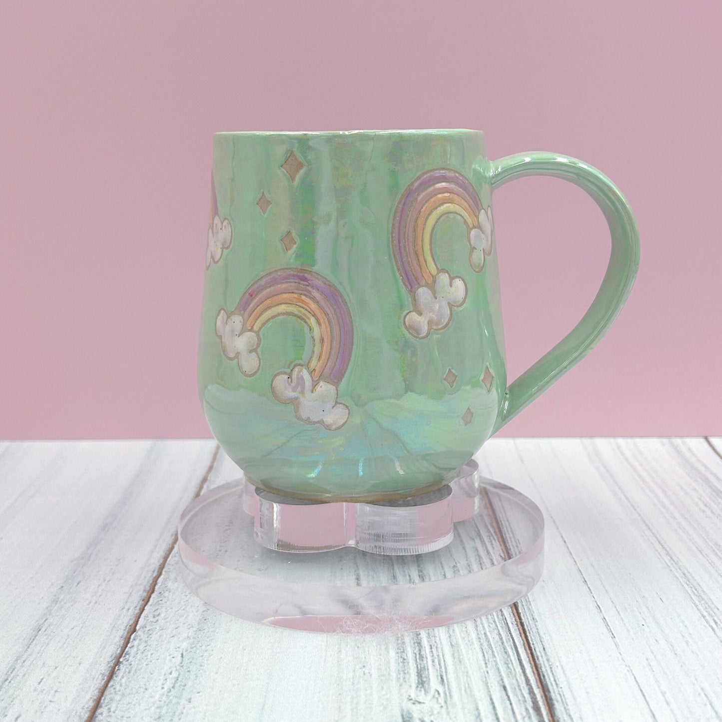 Opalescent Aqua Rainbow 16 Ounce Ceramic Mug, Rainbow Coffee Mug, Groovy Gift Women, Rainbow Gift For Friend, Cute Mug Handmade, Retro Cup