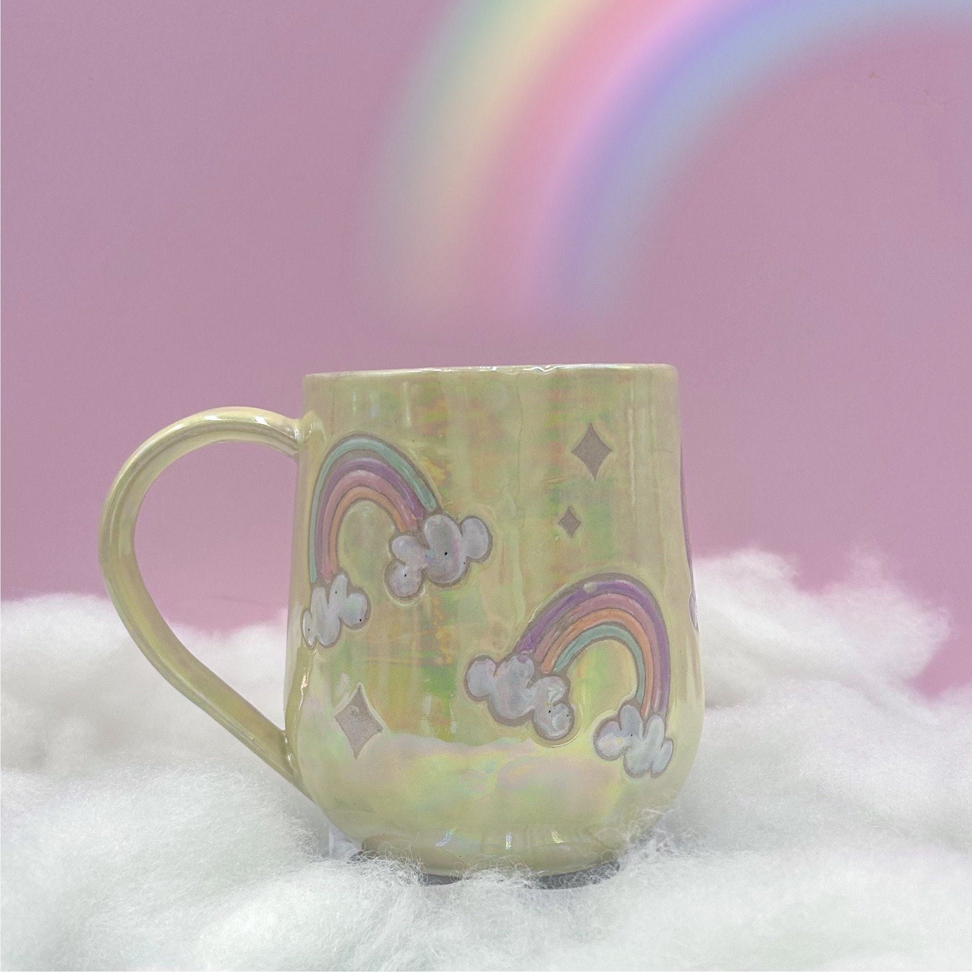 Opalescent Yellow Rainbow 16 Ounce Ceramic Mug, Rainbow Coffee Mug, Groovy Gift Women, Rainbow Gift For Friend, Cute Mug Handmade, Retro Cup