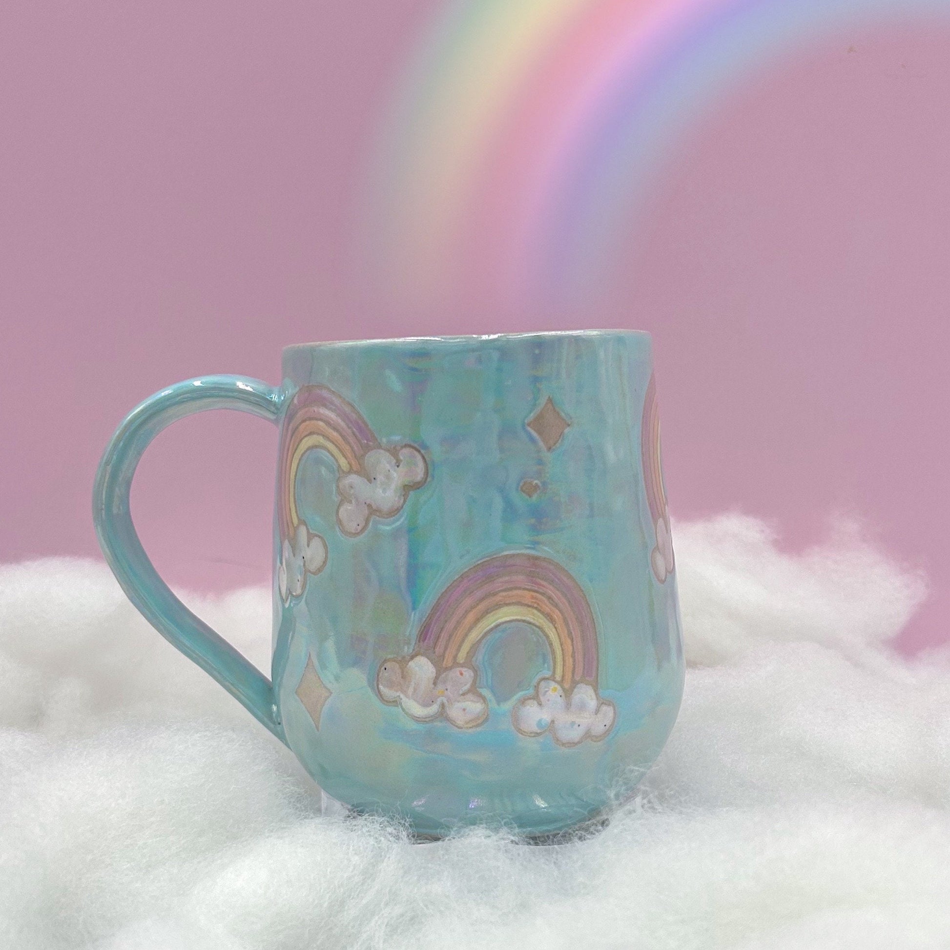 Light Blue Opalescent Rainbow Ceramic Mug, Rainbow Coffee Mug, Groovy Gift for Women, Rainbow Gift For Friend, Cute Mug Handmade, Retro Cup