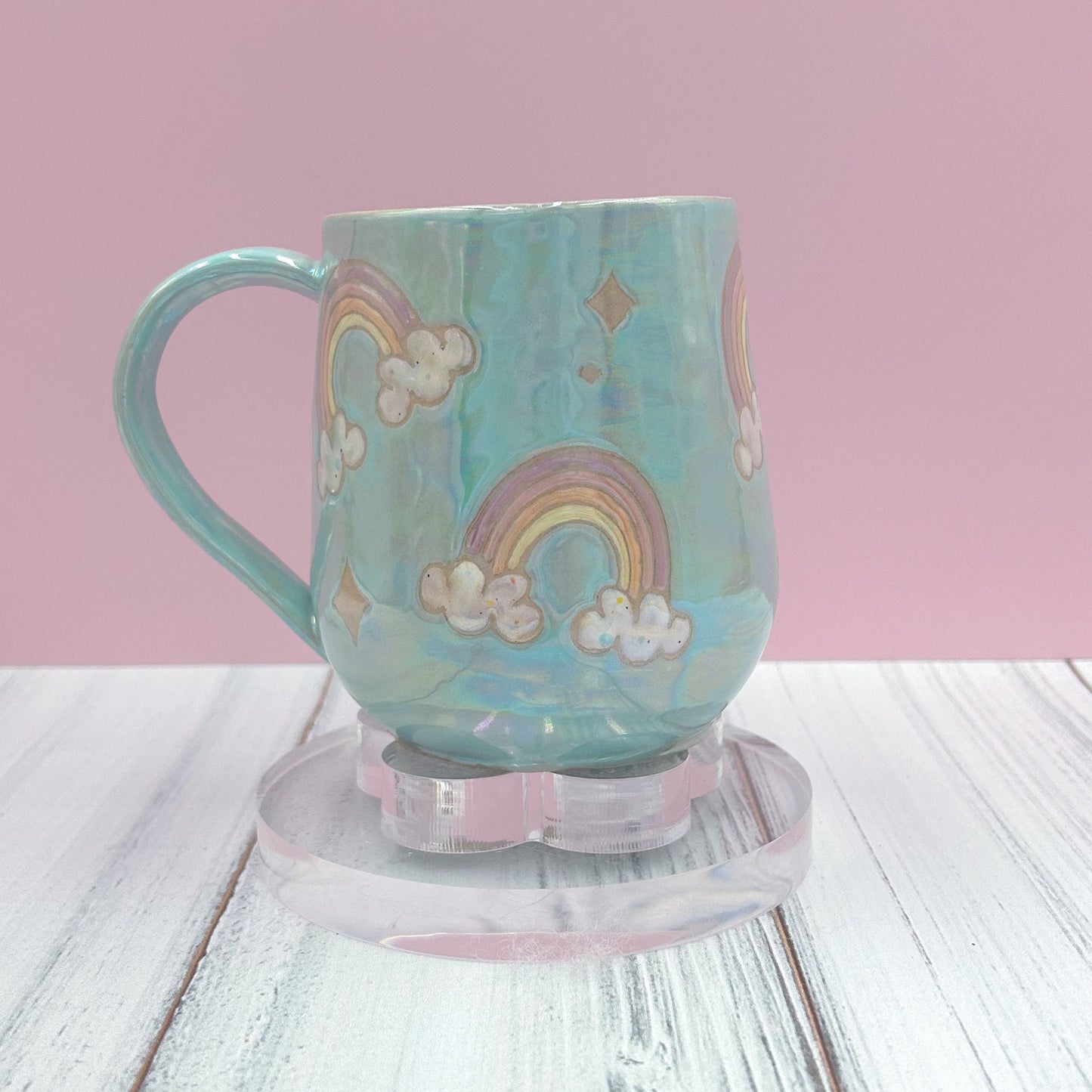 Light Blue Opalescent Rainbow Ceramic Mug, Rainbow Coffee Mug, Groovy Gift for Women, Rainbow Gift For Friend, Cute Mug Handmade, Retro Cup