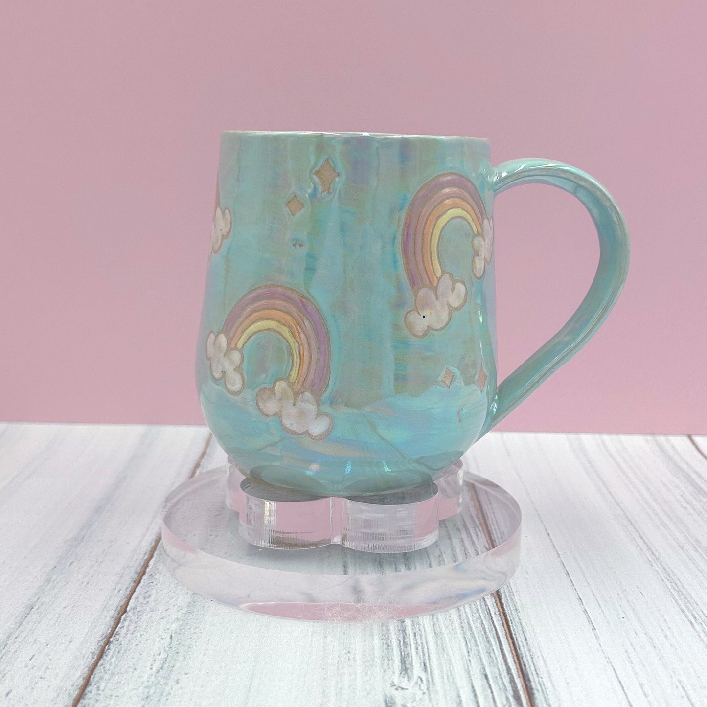 Light Blue Opalescent Rainbow Ceramic Mug, Rainbow Coffee Mug, Groovy Gift for Women, Rainbow Gift For Friend, Cute Mug Handmade, Retro Cup