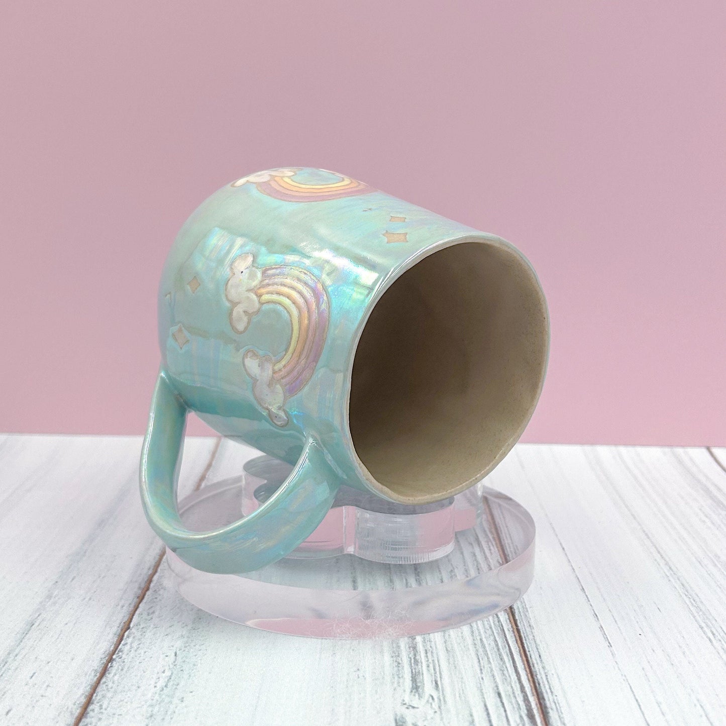 Light Blue Opalescent Rainbow Ceramic Mug, Rainbow Coffee Mug, Groovy Gift for Women, Rainbow Gift For Friend, Cute Mug Handmade, Retro Cup