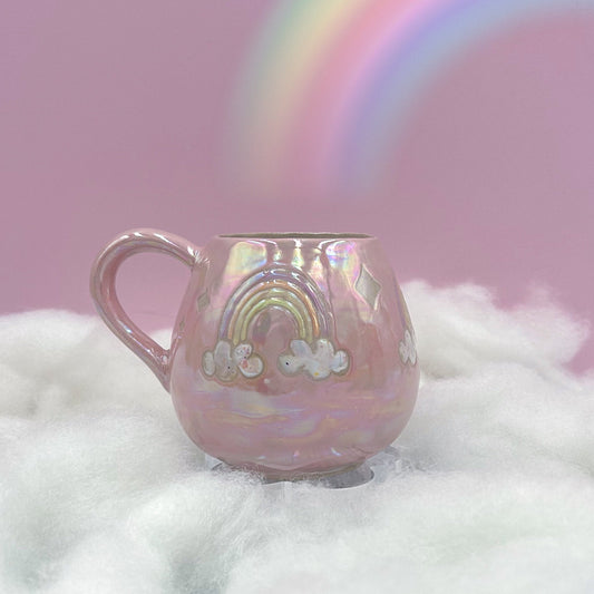 Pink Opalescent Rainbow 12 oz Ceramic Mug, Rainbow Coffee Mug, Groovy Gift for , Rainbow Gift For Friend, Cute Mug Handmade, Retro Cup