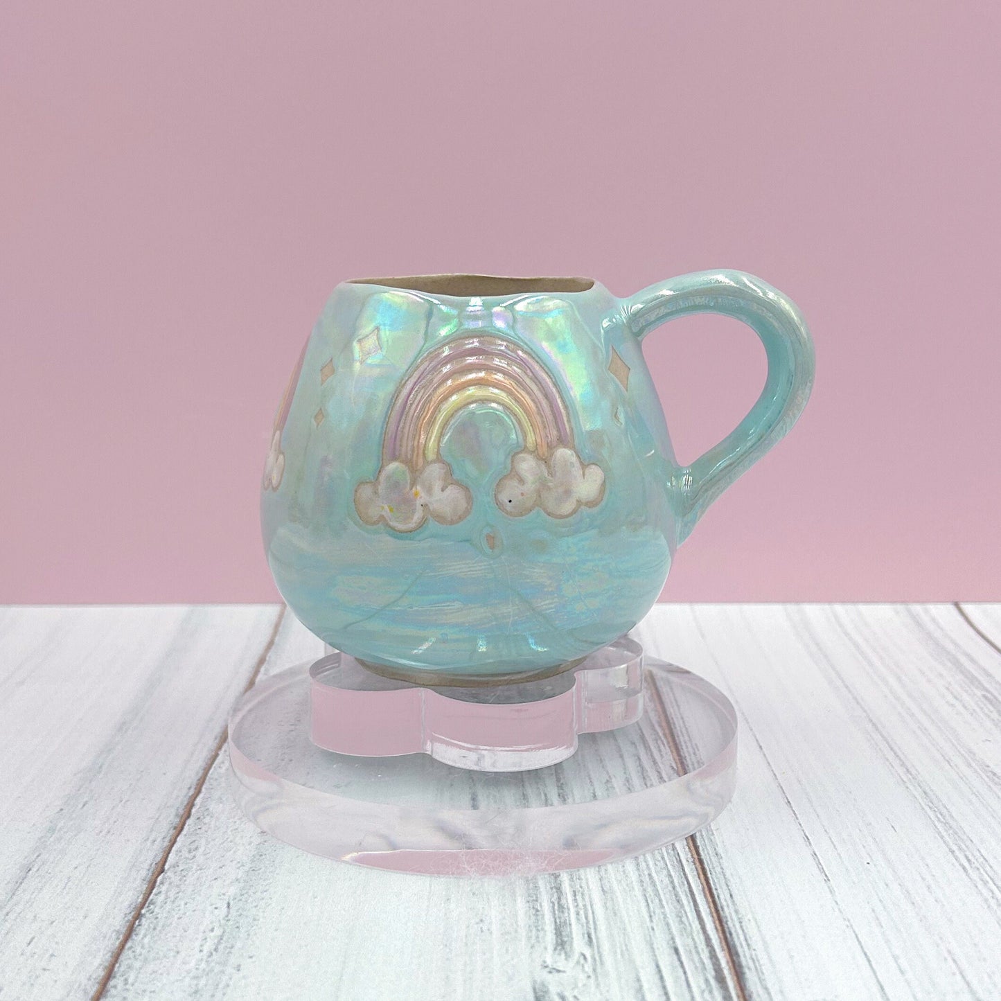 Light Blue Opalescent Rainbow 12 oz Ceramic Mug, Rainbow Coffee Mug, Groovy Gift for Women, Rainbow Gift For Friend, Cute Mug Handmade