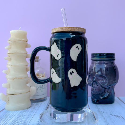 Black Ghost Tumbler Ceramic Mug, Autumn Gift For Her, Retro Fall Mug, Halloween Gift, Spooky Mug Handmade, Cute Autumn Mugs, Fall Gift Mom