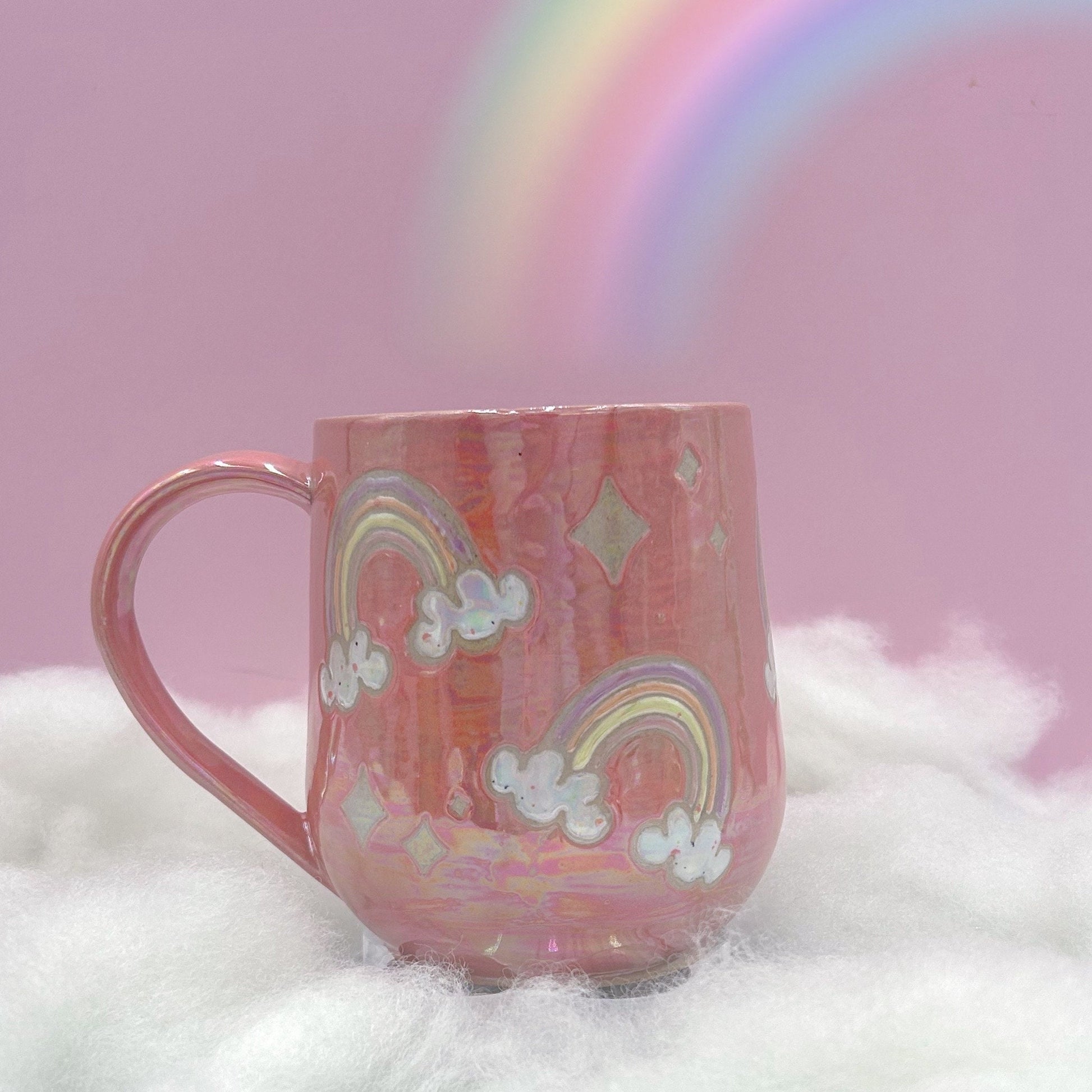 Opalescent Coral Rainbow Ceramic Mug, Rainbow Coffee Mug, Groovy Gift Women, Rainbow Gift For Friend, Cute Handmade Mug, Retro Ceramic Cup