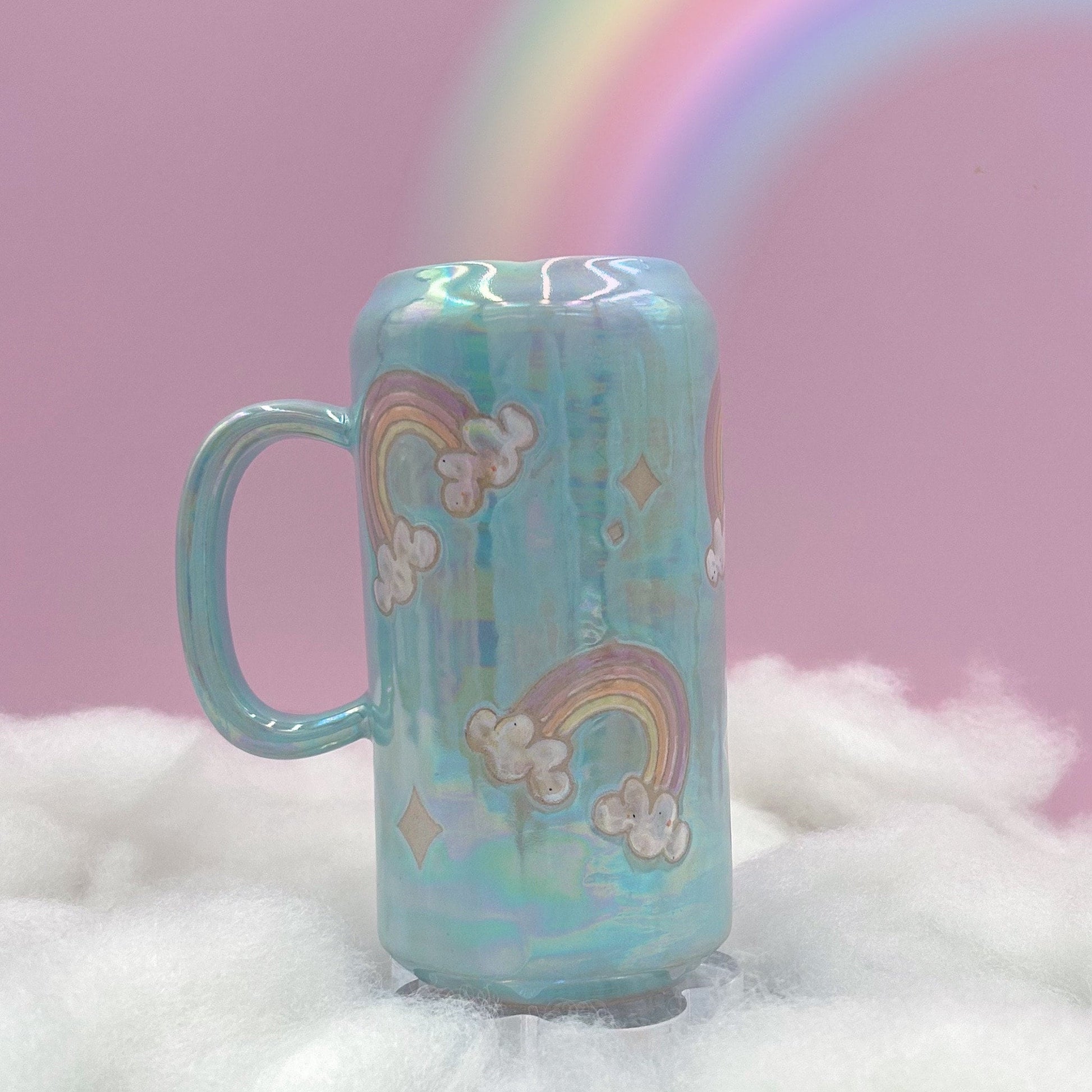 Light Blue Opalescent Rainbow and Cloud Tumbler Ceramic Mug, Rainbow Beer Can Glass Tumbler, Rainbow Gift For Her, Handmade Ceramic Mug