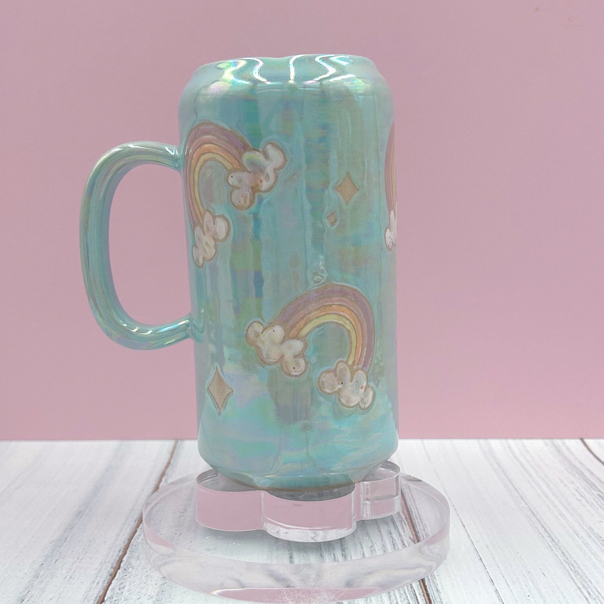 Light Blue Opalescent Rainbow and Cloud Tumbler Ceramic Mug, Rainbow Beer Can Glass Tumbler, Rainbow Gift For Her, Handmade Ceramic Mug