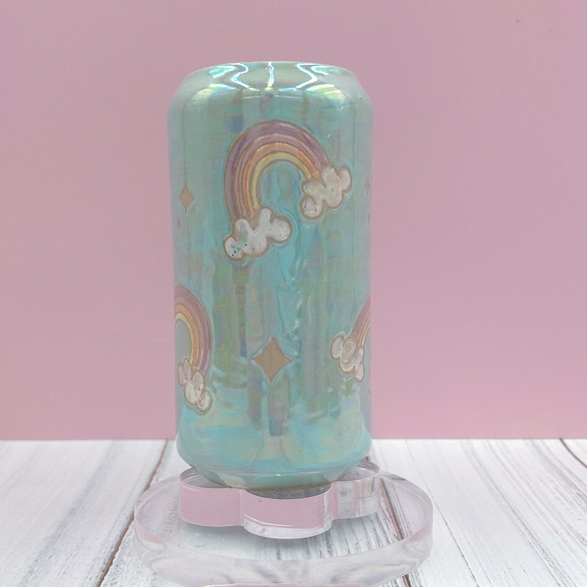 Light Blue Opalescent Rainbow and Cloud Tumbler Ceramic Mug, Rainbow Beer Can Glass Tumbler, Rainbow Gift For Her, Handmade Ceramic Mug