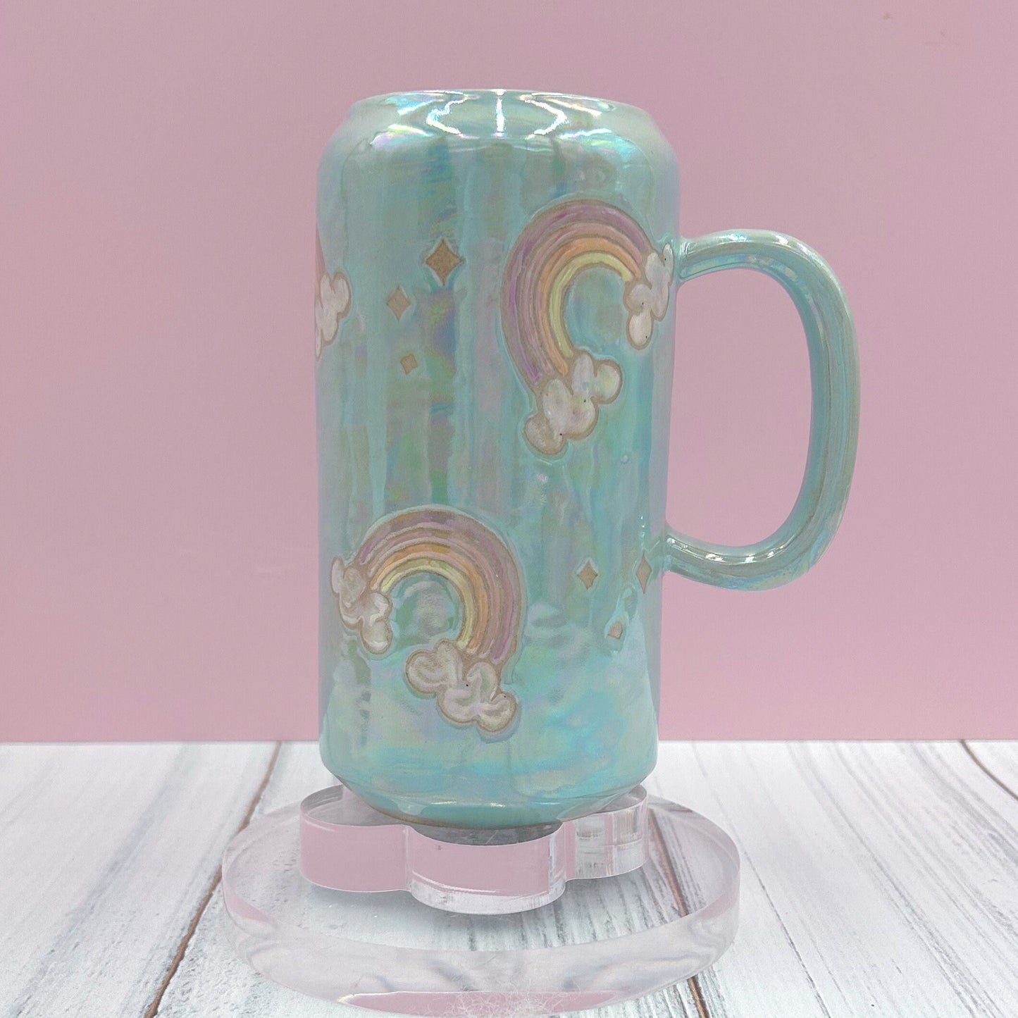 Light Blue Opalescent Rainbow and Cloud Tumbler Ceramic Mug, Rainbow Beer Can Glass Tumbler, Rainbow Gift For Her, Handmade Ceramic Mug