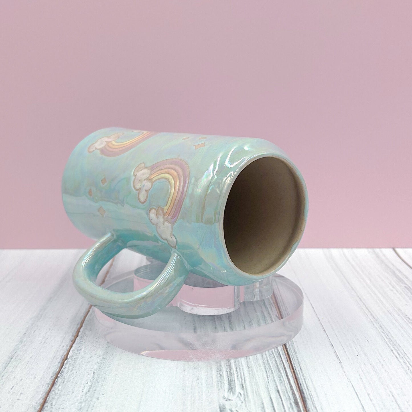 Light Blue Opalescent Rainbow and Cloud Tumbler Ceramic Mug, Rainbow Beer Can Glass Tumbler, Rainbow Gift For Her, Handmade Ceramic Mug