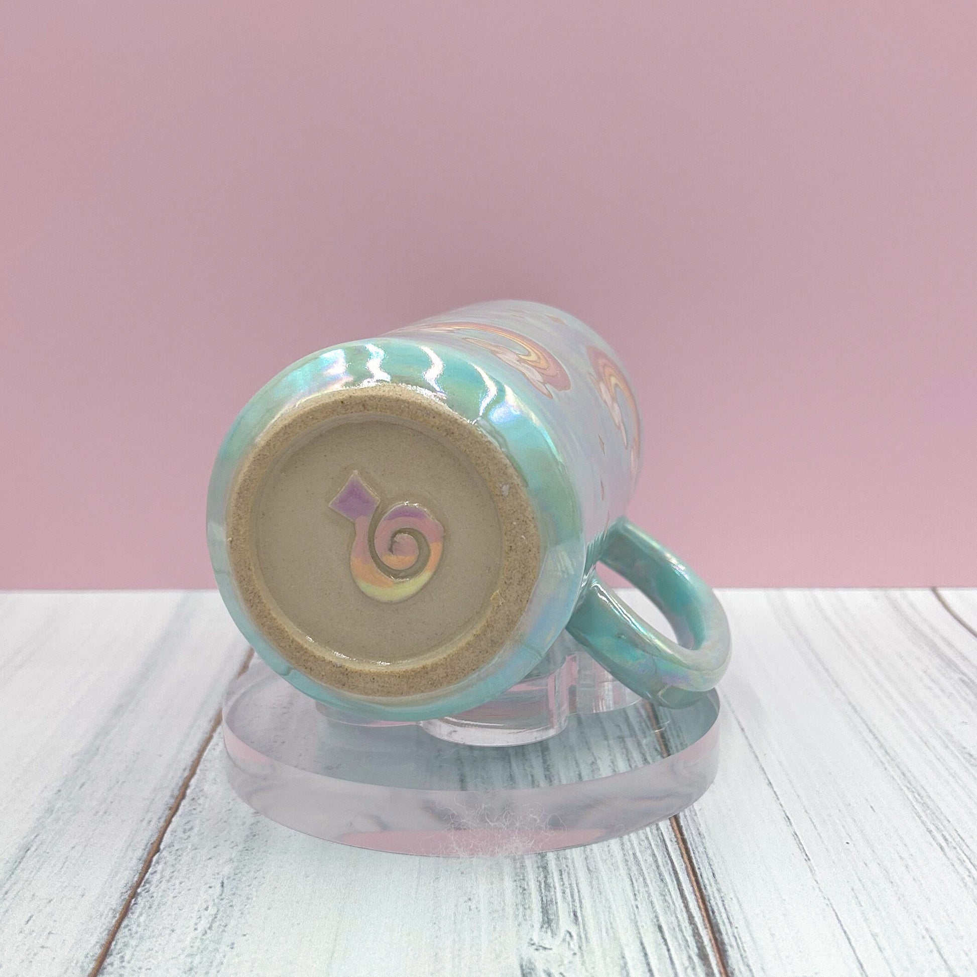 Light Blue Opalescent Rainbow and Cloud Tumbler Ceramic Mug, Rainbow Beer Can Glass Tumbler, Rainbow Gift For Her, Handmade Ceramic Mug