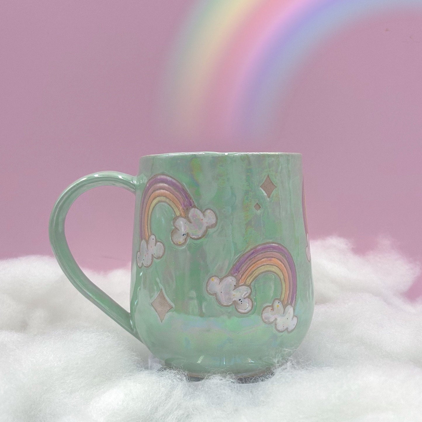 Opalescent Aqua Rainbow 16 Ounce Ceramic Mug, Rainbow Coffee Mug, Groovy Gift Women, Rainbow Gift For Friend, Cute Mug Handmade, Retro Cup