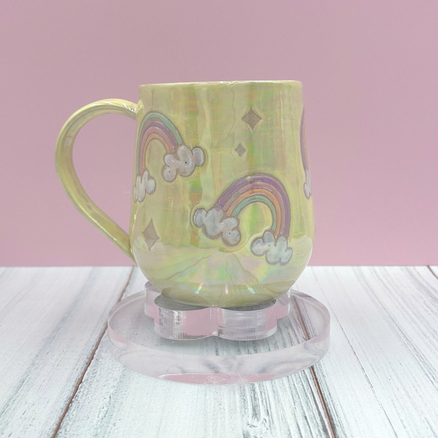 Opalescent Yellow Rainbow 16 Ounce Ceramic Mug, Rainbow Coffee Mug, Groovy Gift Women, Rainbow Gift For Friend, Cute Mug Handmade, Retro Cup