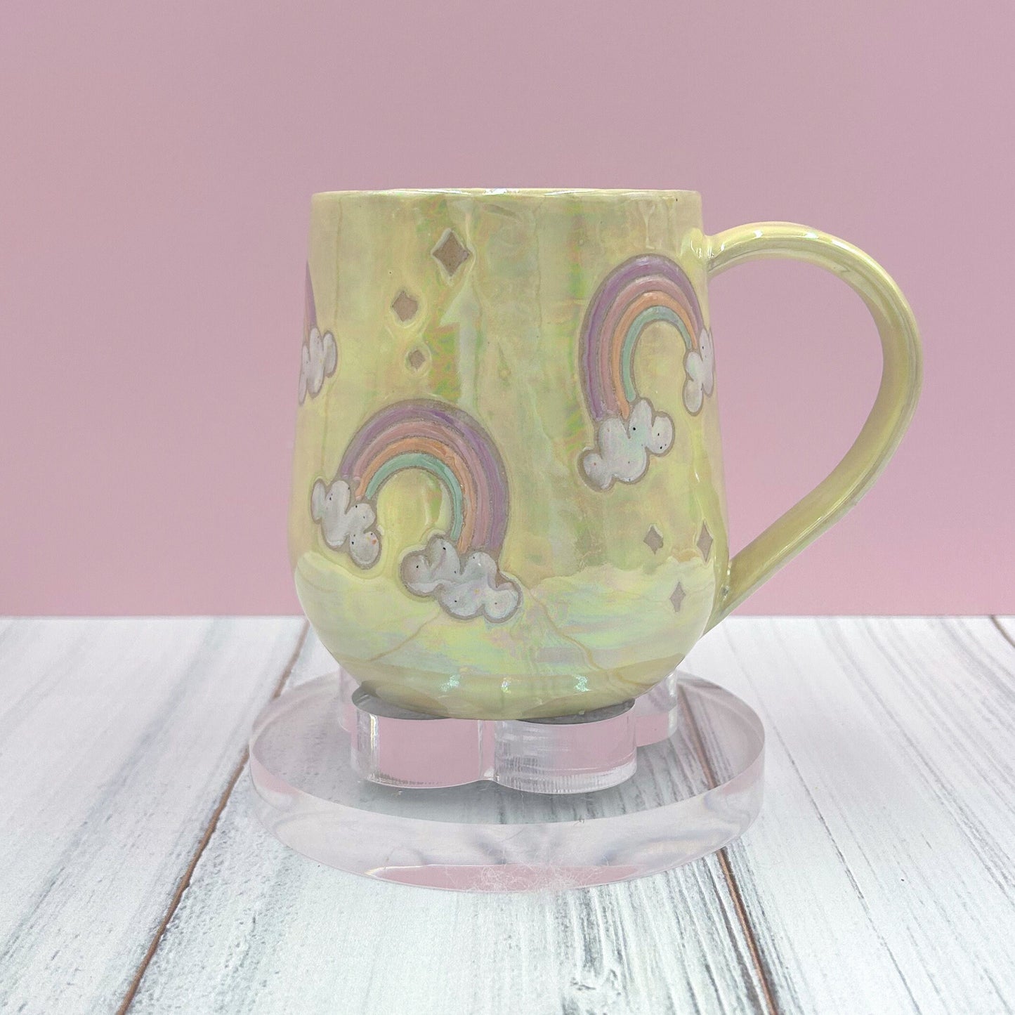 Opalescent Yellow Rainbow 16 Ounce Ceramic Mug, Rainbow Coffee Mug, Groovy Gift Women, Rainbow Gift For Friend, Cute Mug Handmade, Retro Cup