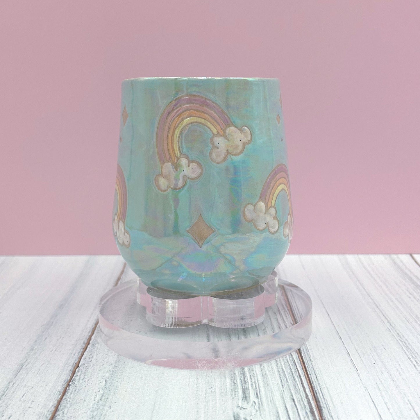 Light Blue Opalescent Rainbow Ceramic Mug, Rainbow Coffee Mug, Groovy Gift for Women, Rainbow Gift For Friend, Cute Mug Handmade, Retro Cup