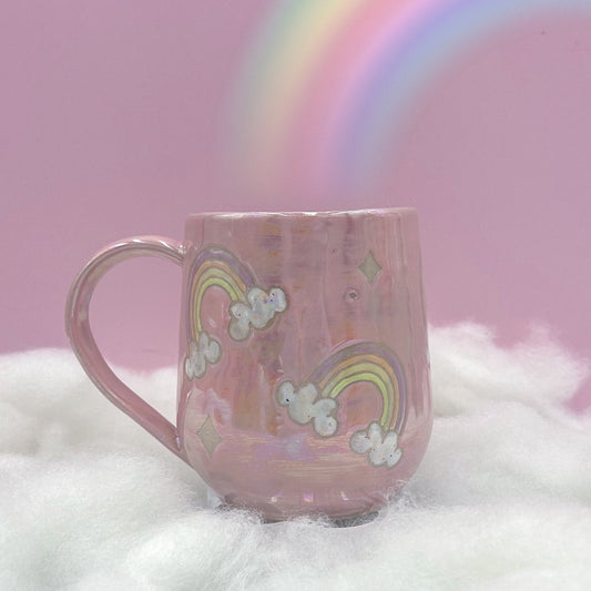 Pink Rainbow Ceramic Mug, Rainbow Coffee Mug, Groovy Gift Women, Rainbow Gift For Friend, Cute Handmade Mug, Retro Ceramic Cup