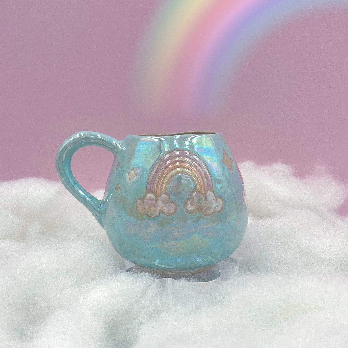 Light Blue Opalescent Rainbow 12 oz Ceramic Mug, Rainbow Coffee Mug, Groovy Gift for Women, Rainbow Gift For Friend, Cute Mug Handmade