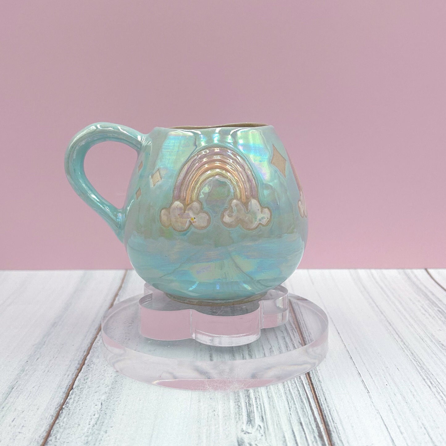 Light Blue Opalescent Rainbow 12 oz Ceramic Mug, Rainbow Coffee Mug, Groovy Gift for Women, Rainbow Gift For Friend, Cute Mug Handmade