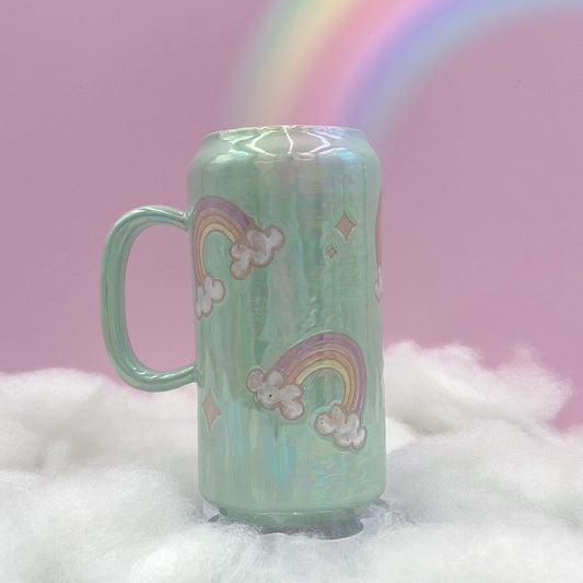 Aqua Opalescent Rainbow and Cloud Tumbler Ceramic Mug, Rainbow Beer Can Glass Tumbler, Rainbow Gift For Her, Handmade Ceramic Mug